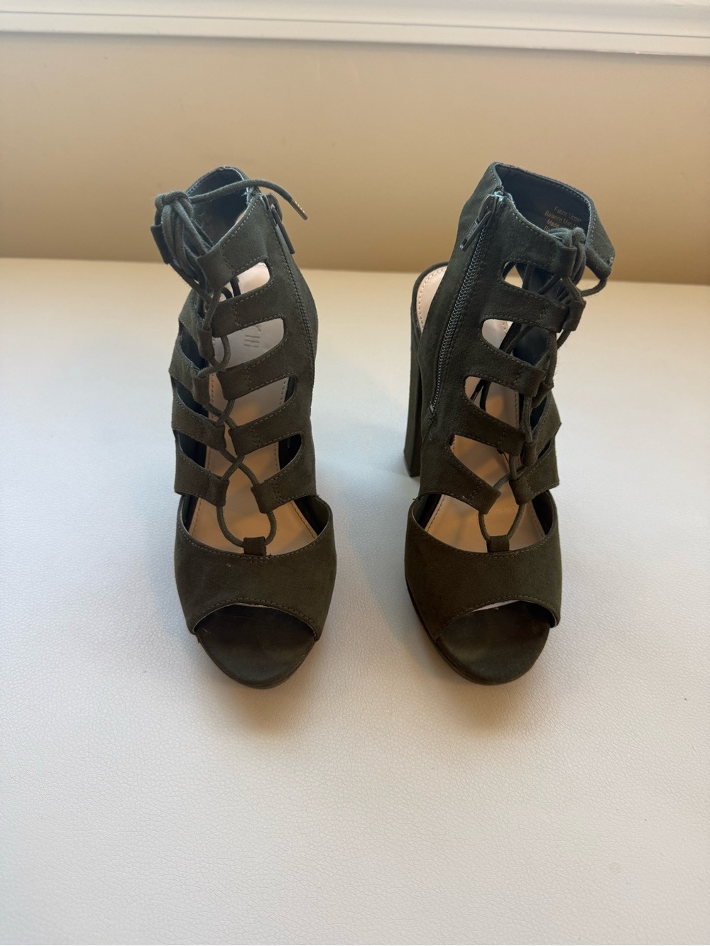 Women’s Dark Green Suede-Look Cage Heels – Size 7M